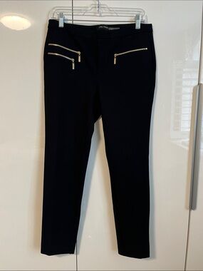 Ivanka Trump Dressy Black Straight-Leg Pants with Gold Zipper Detail, Size M